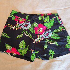 Polo Ralph Lauren Womens Shorts 6 Navy Linen Cotton Floral Hibiscus Cute Pockets